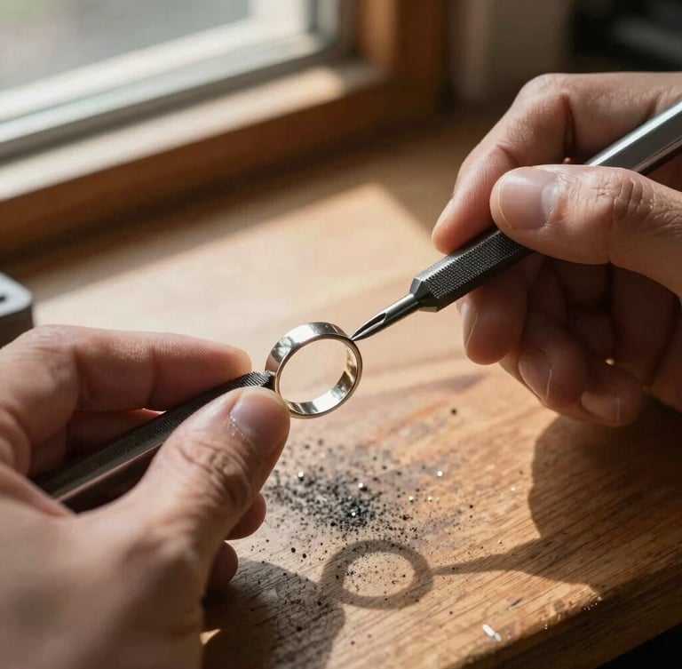 Tight macro shot of a jeweler's hands using a fine steel file to shape a silver ring shank, warm side-light from a workshop window casting long shadows across a wooden workbench covered in graphite dust.