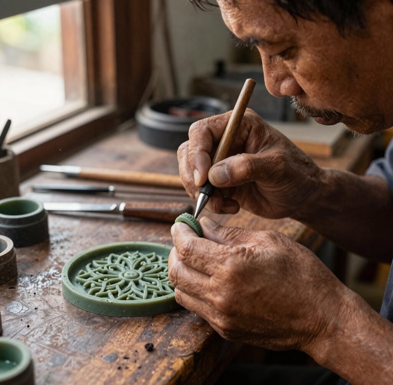 Macro close-up of a master Balinese jeweler's hands carefully carving an intricate ring mold from green wax at a wooden workbench, warm side-lighting from a workshop window.
