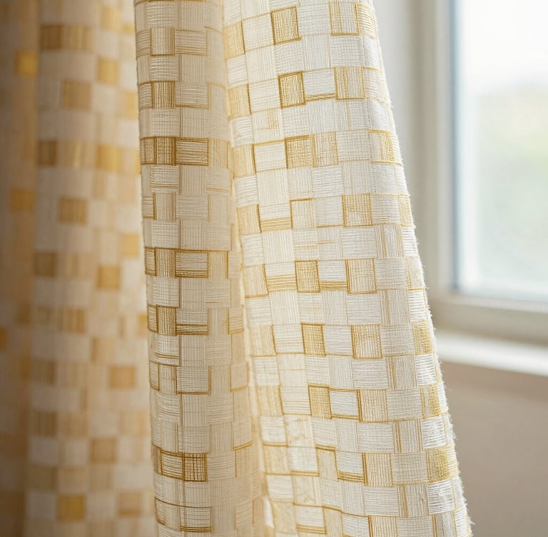 Macro detail shot of translucent ivory and gold handwoven fabric held against soft morning window light, showcasing the precise square checkered khat weave pattern with subtle irregularities of human hands.