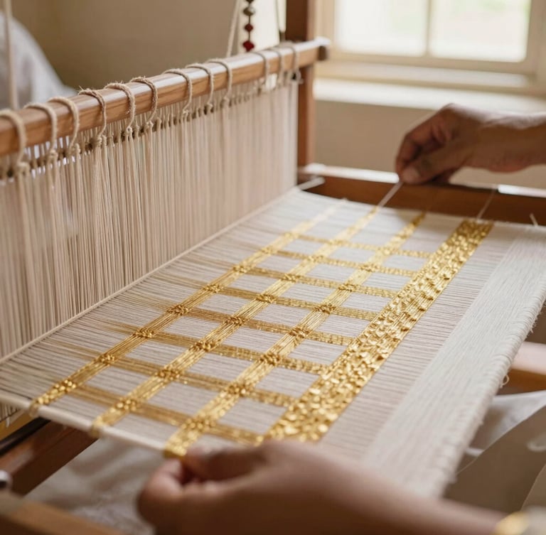 Close-up macro detail of hands operating a traditional wooden pit loom in Rajasthan, weaving fine gold zari threads into a checkered pattern, warm natural light.