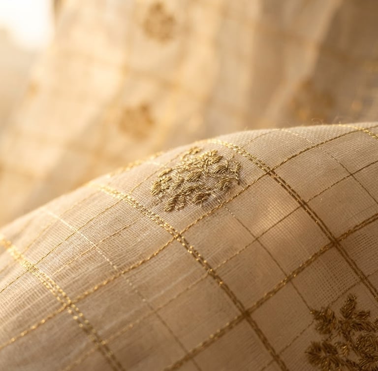 Macro detail shot of translucent ivory Kota Doria fabric with handwoven gold zari threads catching soft golden-hour window light, 35mm
