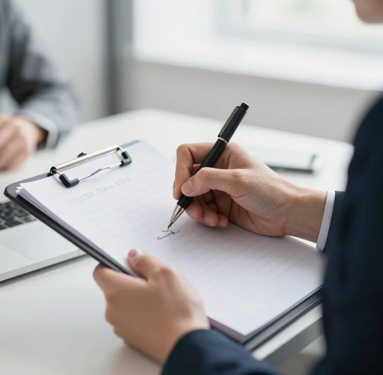 Close-up of professional moderator hands writing notes on a clipboard during an active research session, soft daylight, sharp focus, 35mm