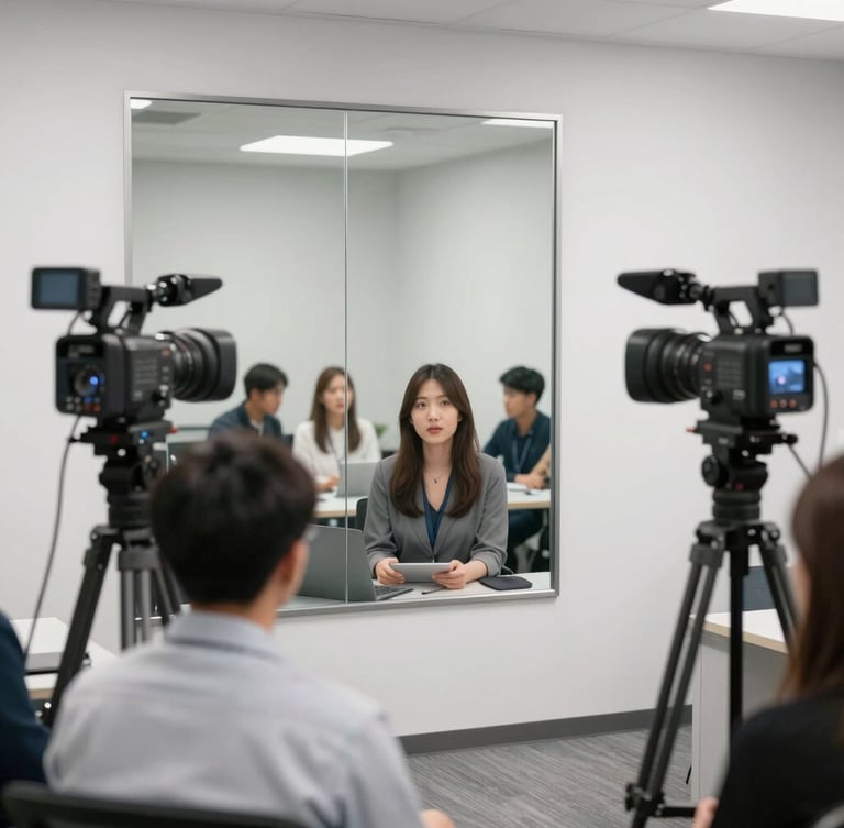 A modern, clean focus group observation room with a double-sided mirror, professional recording equipment, bright neutral office lighting, 35mm.