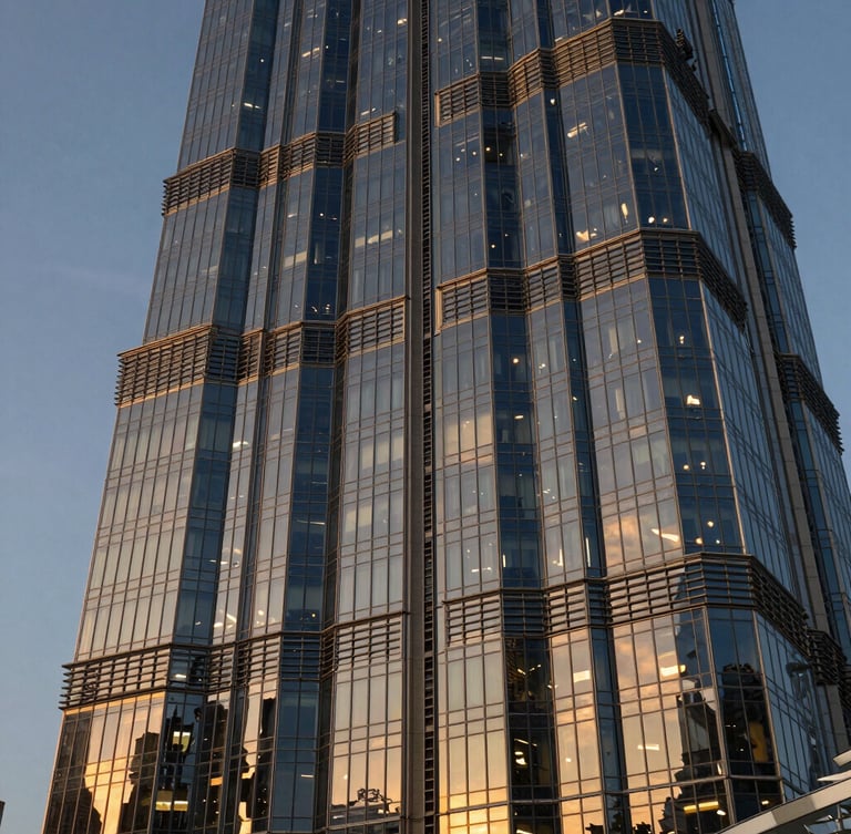 Extreme wide-angle architectural abstract of a modern Dubai skyscraper facade at twilight, deep navy steel and golden hour light reflecting off geometric glass panels, sharp clean lines, negative space on the left.