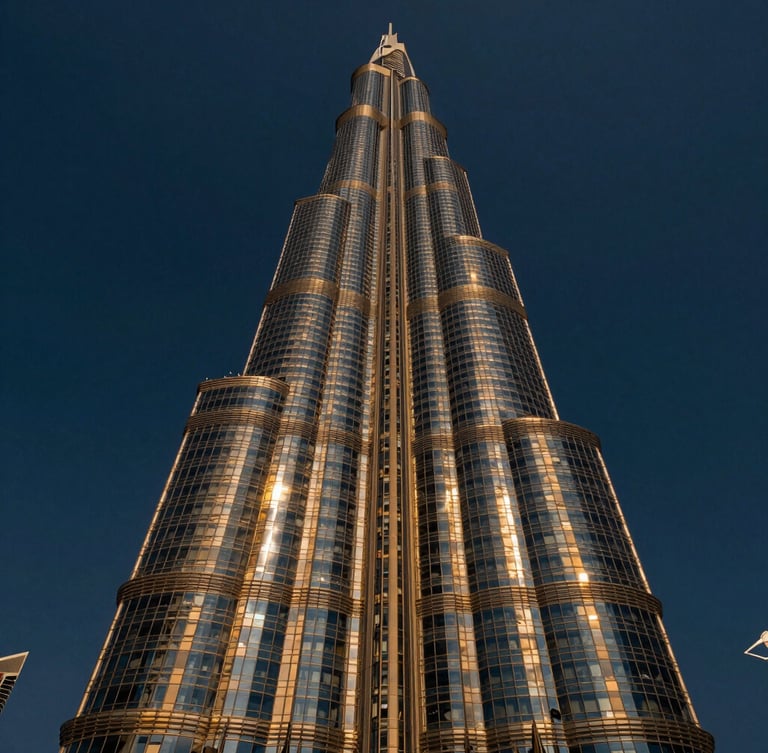 Extreme wide-angle architectural shot of a modern Dubai skyscraper at twilight, golden hour reflections on curved glass facades, deep navy sky background, cinematic composition.