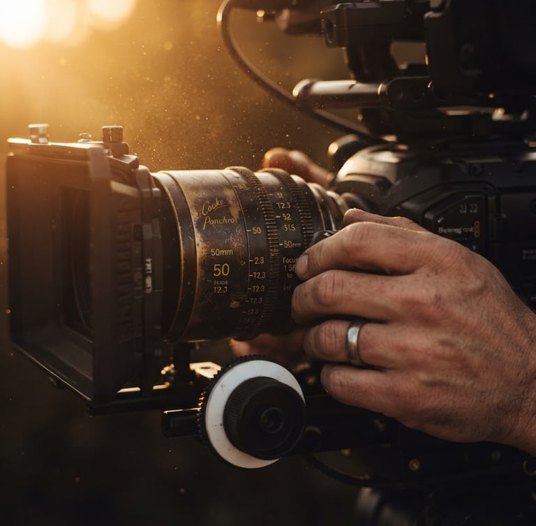Close-up of hands adjusting the focus ring on a vintage cinema lens, warm golden hour light catching dust in the air, low-key cinematic film photography style