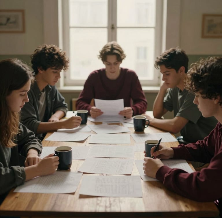 A group of media students collaborating around a wooden table covered in script drafts and coffee mugs, soft window lighting, unposed candid framing