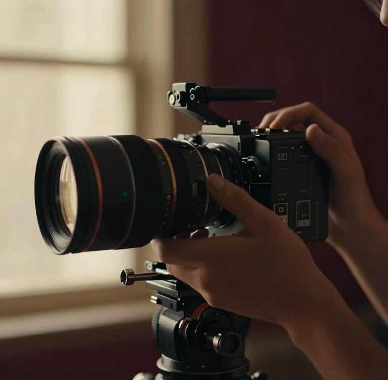 Close-up shot of a student's hands adjusting the focus ring on a cinema lens, warm dramatic window lighting, shallow depth of field, cinematic 35mm film photography.