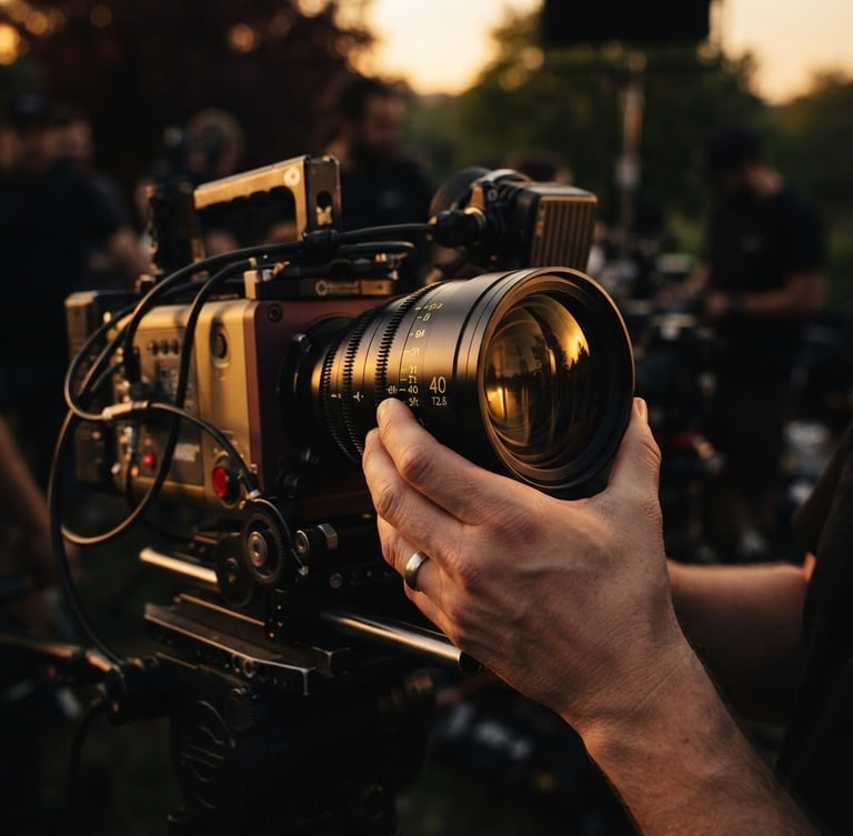 Close-up of hands adjusting a cinema lens on a camera rig, warm golden hour light reflecting off the glass, cinematic film photography style.
