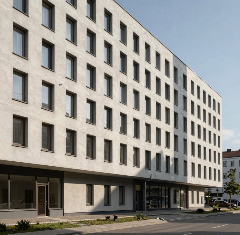Modernaus minimalistinio dizaino pastato fasadas Vilniaus centre, švari dienos šviesa, stiklo ir betono tekstūros, erdvi kompozicija.