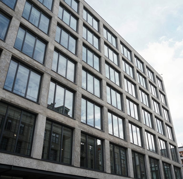 Wide cinematic shot of a modern glass and concrete A-class office building facade in Vilnius during bright diffused daylight, clean architectural lines, reflecting the sky