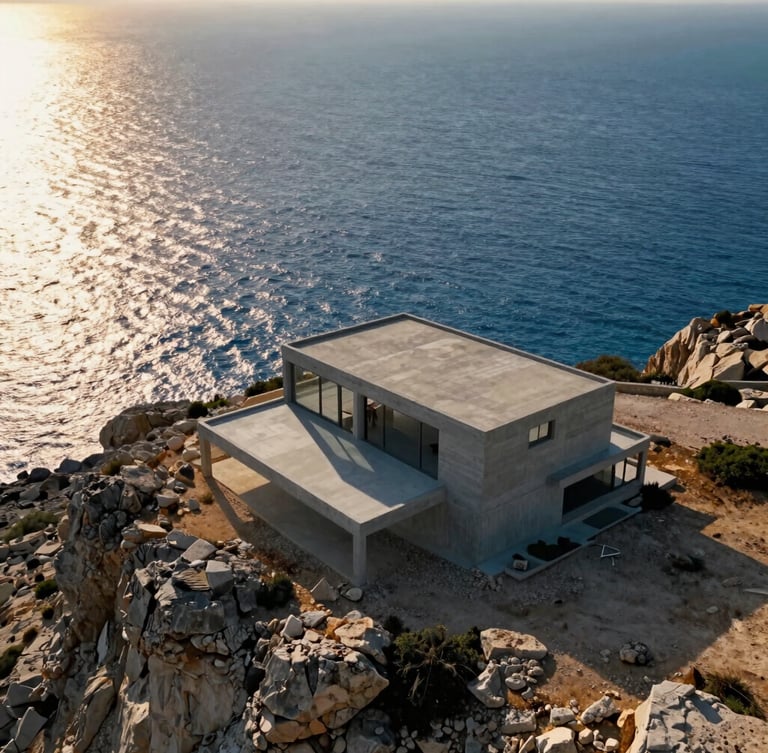 Cinematic wide-angle aerial shot of a minimalist concrete villa perched on a rugged North Cyprus cliff, golden hour light reflecting off the deep blue Mediterranean sea below.