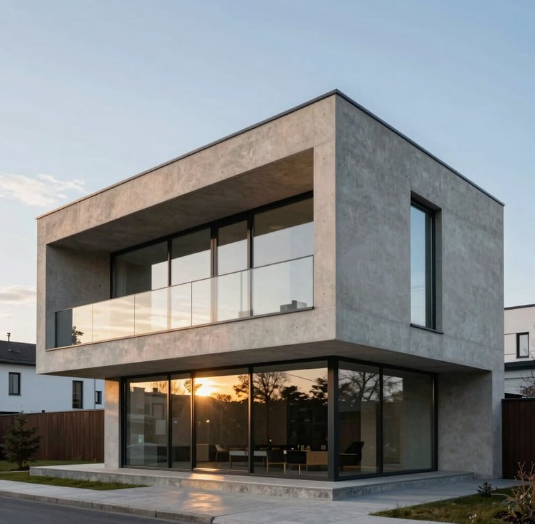 Minimalist modern concrete and glass villa facade in Vilnius, sharp architectural lines, soft golden hour light reflecting on glass, wide framing.
