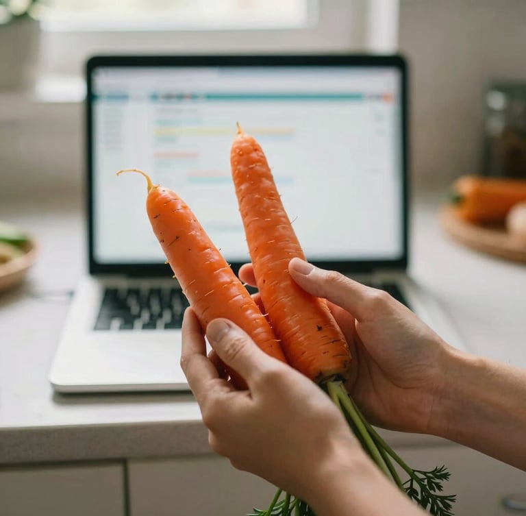 Close-up portrait of hands holding a freshly picked organic vegetable (e.g., a vibrant carrot or bell pepper) in a sunlit modern kitchen, with a blurred background of a laptop screen showing research data, soft natural daylight, shallow depth of field, rich earthy tones, 35mm film aesthetic.