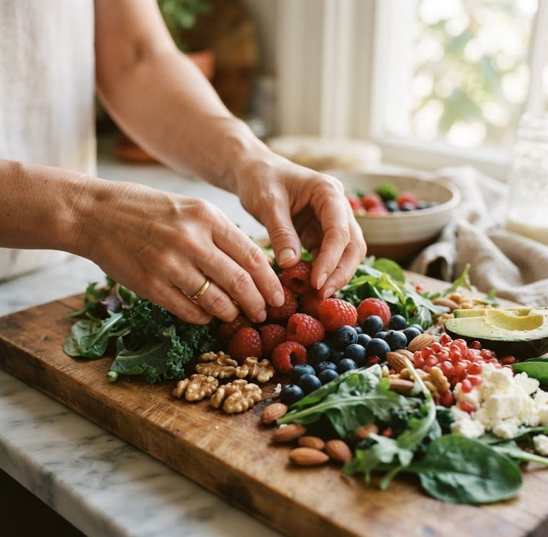 Warm editorial photograph of hands gently arranging fresh, whole ingredients like vibrant berries, leafy greens, and nuts on a wooden cutting board, soft natural daylight, shallow depth of field, 35mm film aesthetic, kitchen counter background.