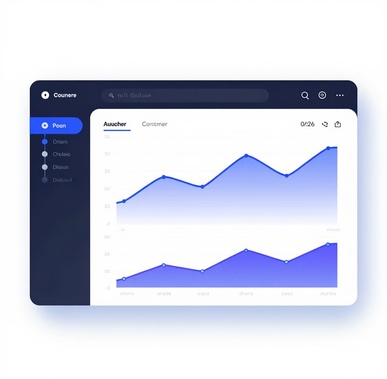 Flat orthographic software UI mockup displaying an analytical dashboard with telemetry charts, blue and purple gradient lines, crisp dark UI elements on a clean white background, soft drop shadows.