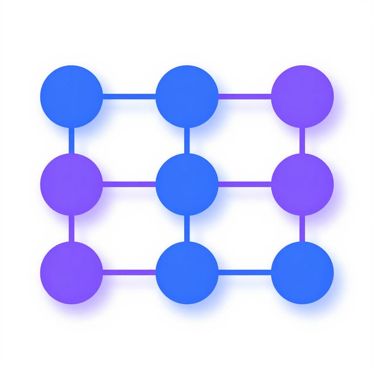 Flat orthographic view of an AI workflow mapping tool, showing nodes connecting with glowing purple and blue visual paths, clean light interface with soft drop shadows