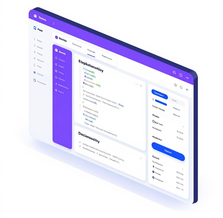 Crisp vector illustration of a developer dashboard interface, showing high-fidelity code execution blocks, purple accent highlights, and clean data visualizations on a clean white background.