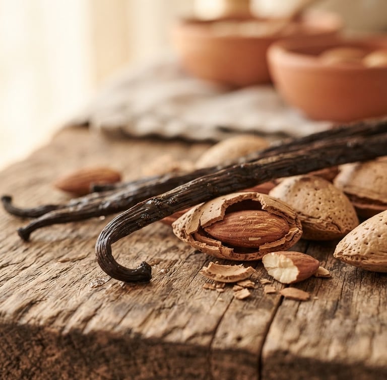 Close-up portrait of raw vanilla beans and cracked almonds on a rustic wooden surface, warm diffused side-light, shallow depth of field, muted cream and terracotta tones.