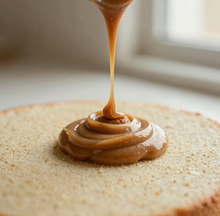 A tight editorial macro shot of stone-ground almond butter being slowly drizzled onto a raw cake base, warm diffused side-light, muted cream and terracotta tones, shallow depth of field, 35mm