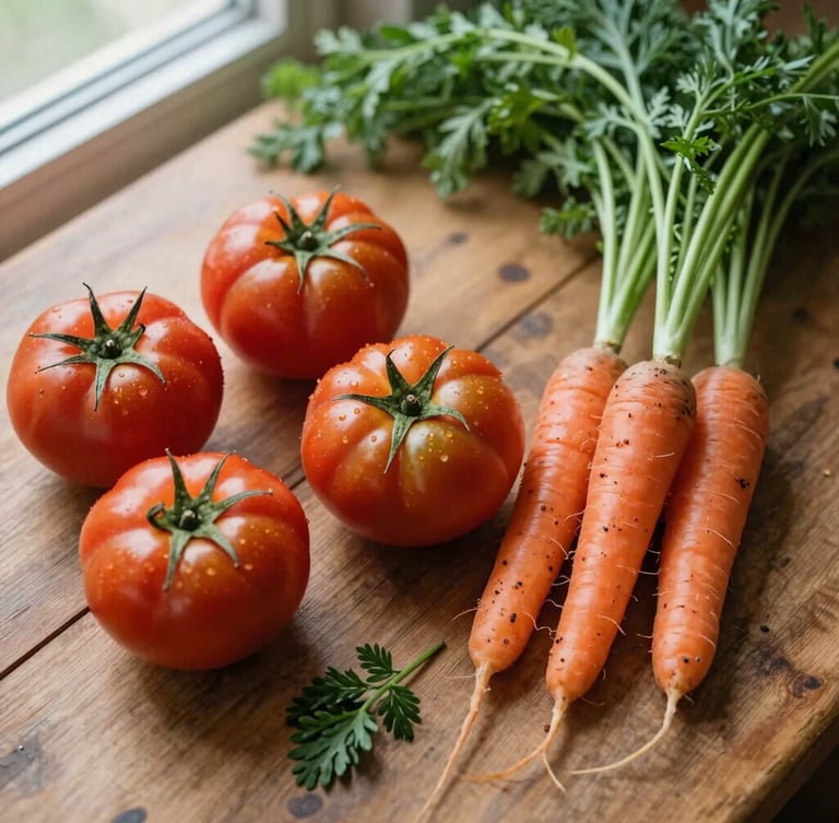 Overhead flat-lay of raw heirloom tomatoes, soil-dusted carrots, and fresh herbs on a rustic wooden table, soft natural window light, 35mm photography