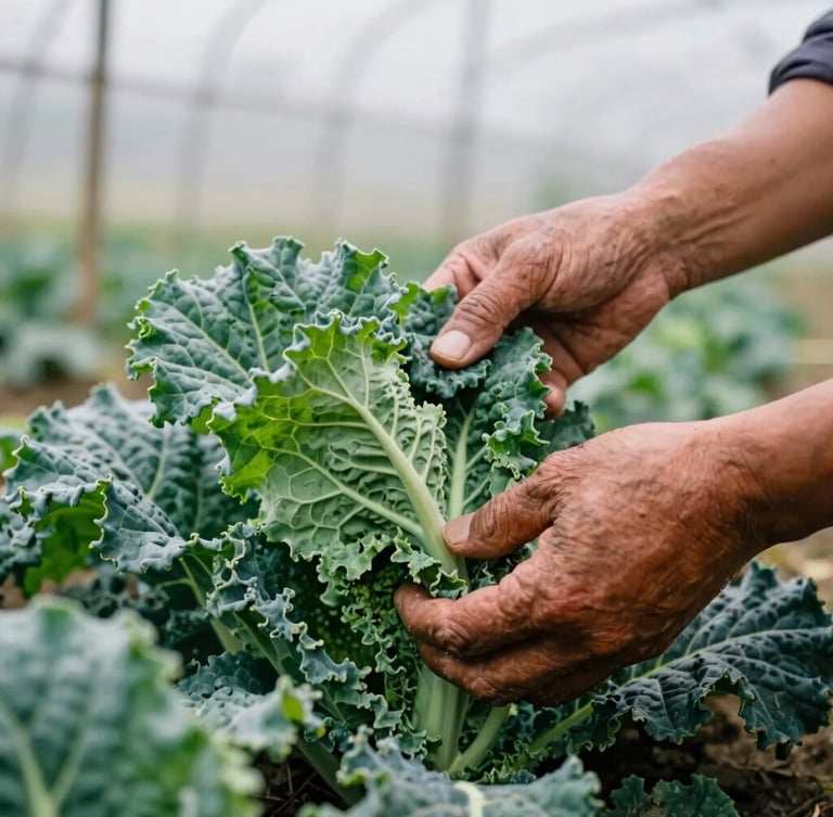 Close-up of weathered hands gently sorting freshly harvested green kale leaves in an overcast outdoor farm setting, soft natural light, 35mm