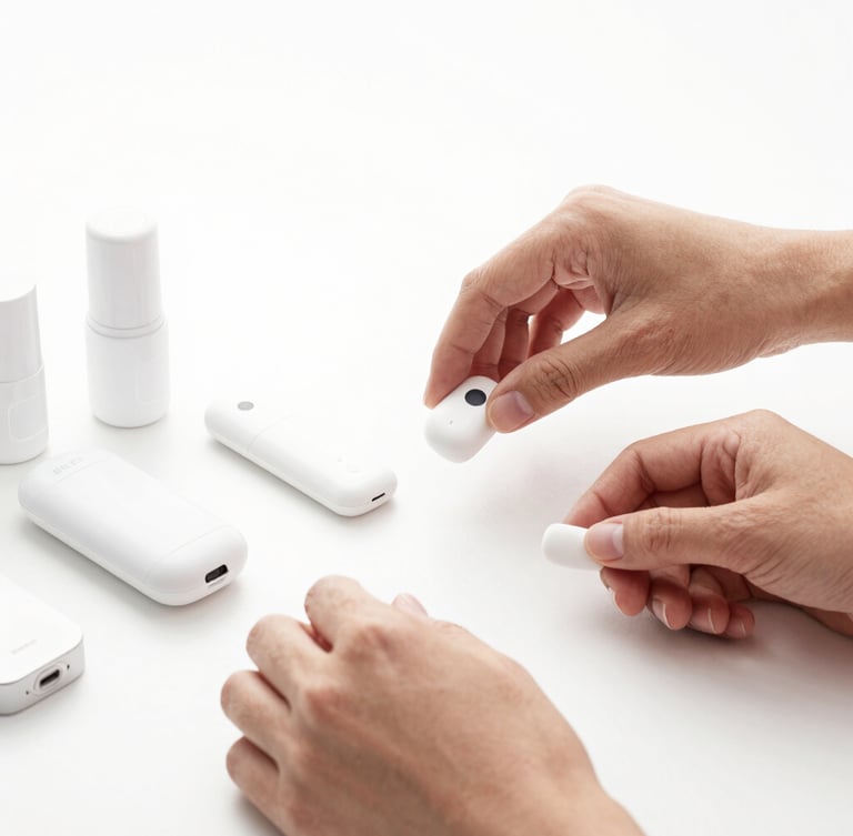 Crisp product photography, seamless white background, bright studio lighting, high contrast, sharp focus, 50mm lens, a close-up of hands meticulously arranging small, minimalist electronic gadgets and beauty products on a clean white table, emphasizing organization and attention to detail, monochrome aesthetic.