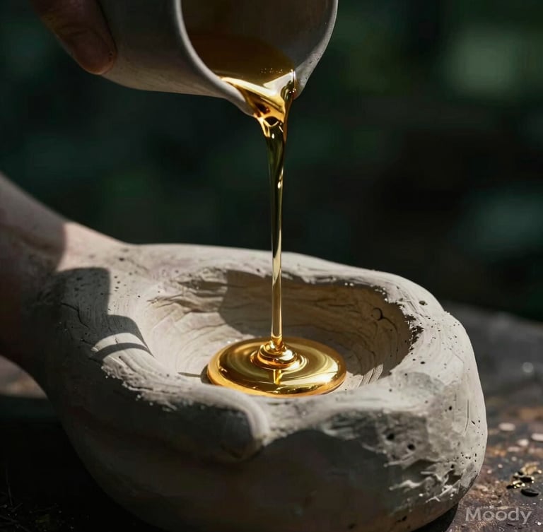 Moody editorial jewelry photography, macro shot of molten recycled 14k gold being poured into a hand-carved clay mold, deep shadows, high-contrast side lighting, dark forest green background, 35mm