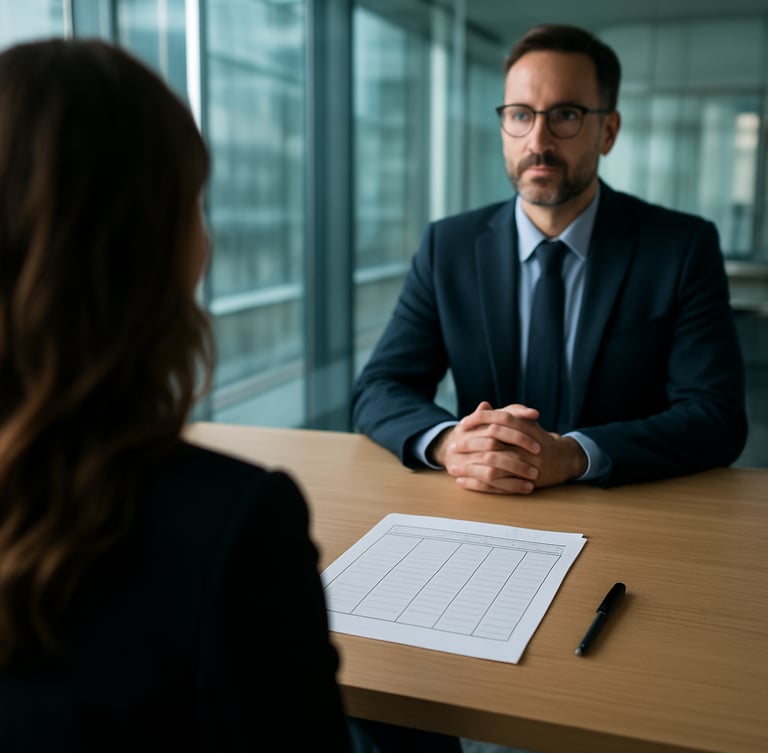 Wide over-the-shoulder shot of a structured corporate interview in a bright, modern glass-walled meeting room, cool daylight, sharp focus on a structured evaluation document on the table.
