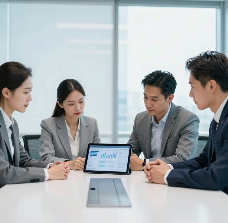 Crisp corporate photography of a modern high-end office boardroom, bright natural light with cool blue ambient fills, professional executives collaborating around a clean digital interface tablet.