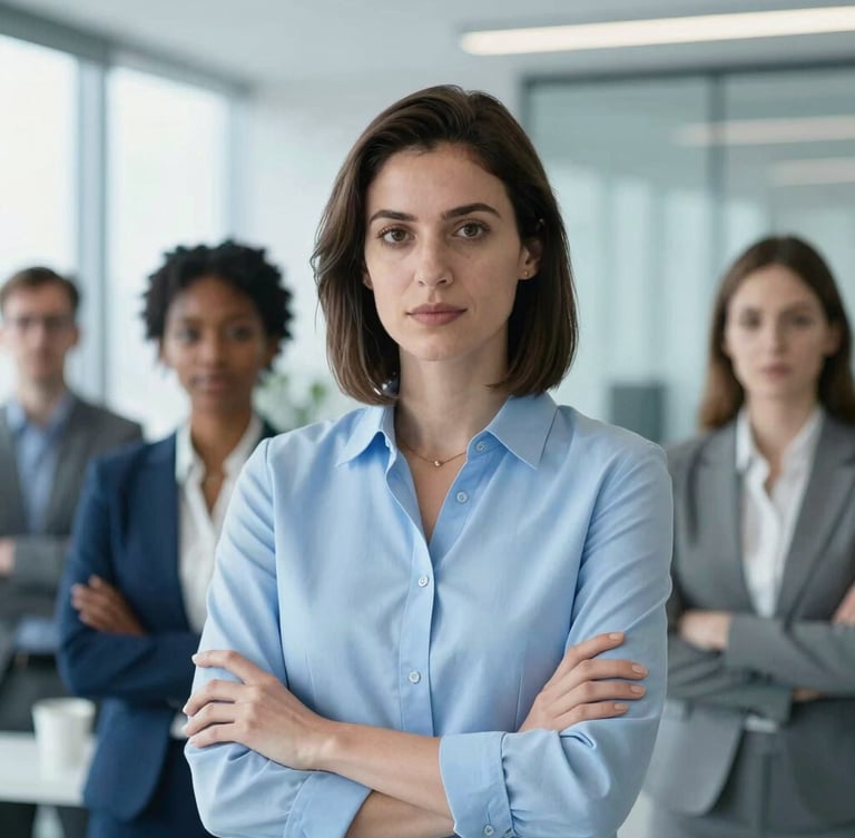 A professional portrait of a diverse female executive in a bright, modern corporate environment, cool blue ambient light, focused and authoritative expression.