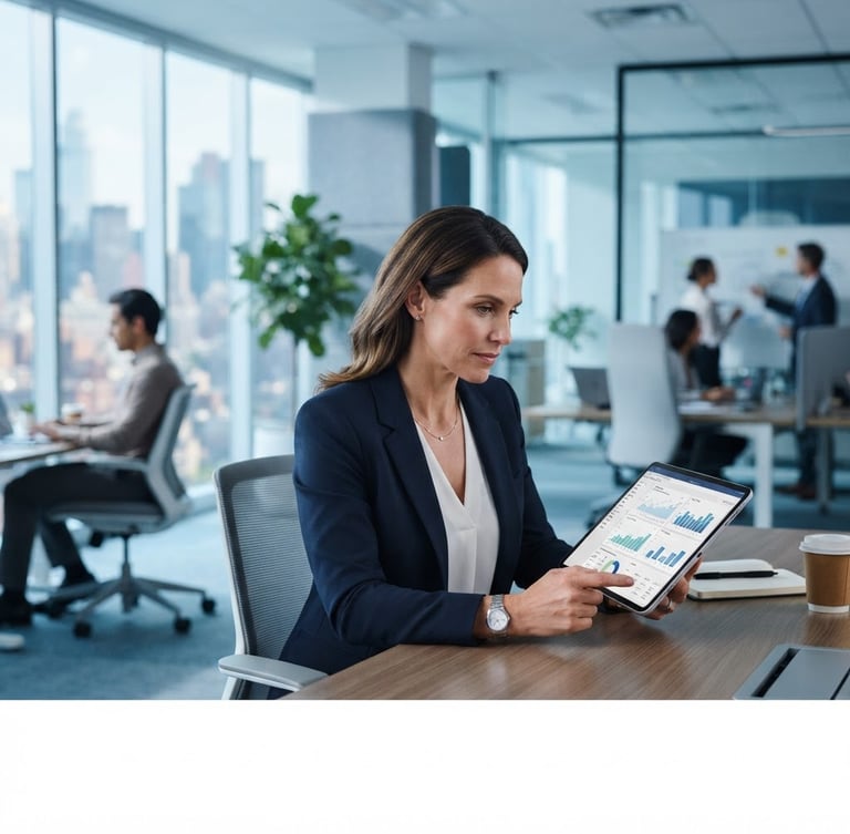 Crisp corporate photography of a modern collaborative workspace with bright natural office light, a professional executive reviewing data on a tablet, cool blue tones, shallow depth of field.