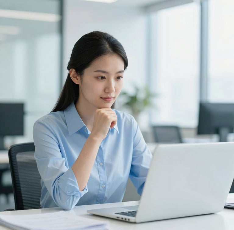 A professional sitting in a bright corporate workspace looking thoughtfully at a laptop screen, cool blue tones, shallow depth of field, modern office environment.