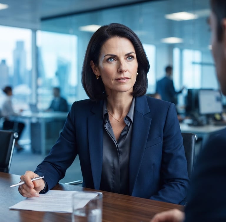 A clean, professional close-up of a focused female executive in a bright, modern corporate office with cool blue ambient tones, shallow depth of field