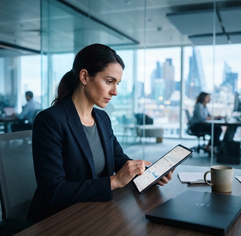Crisp corporate photography of a bright, modern glass-walled office with cool blue tones, showing a focused professional analyzing technical data on a tablet, shallow depth of field.