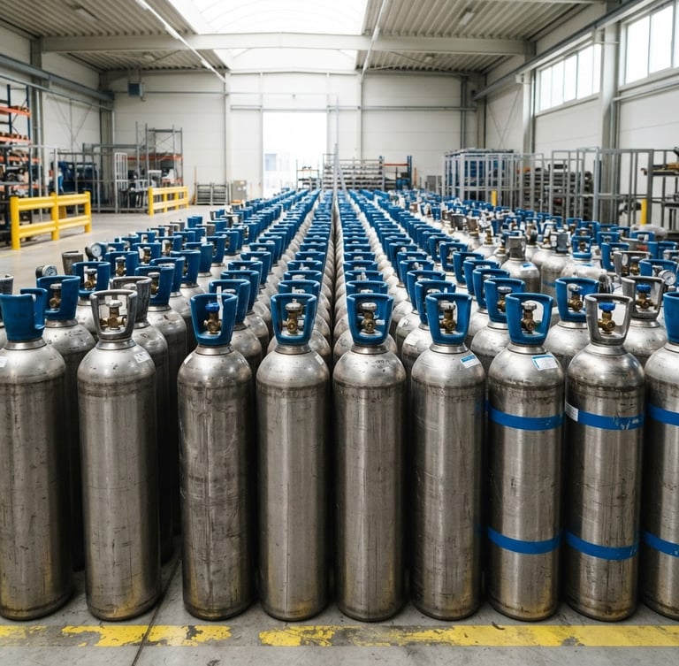 Industrial steel gas cylinders lined up in a bright, clean warehouse, metallic textures, safety blue accents, high-contrast daylight