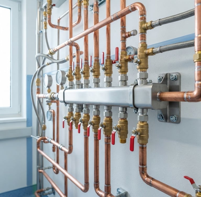 Close-up of a clean stainless steel manifold system installed on a clinical wall, copper piping, brass valves, bright daylight, sharp focus