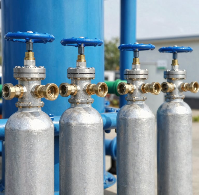 Professional industrial gas distribution manifold with high-pressure steel cylinders, brass valves, clean metallic textures, safety blue accents, bright daylight.