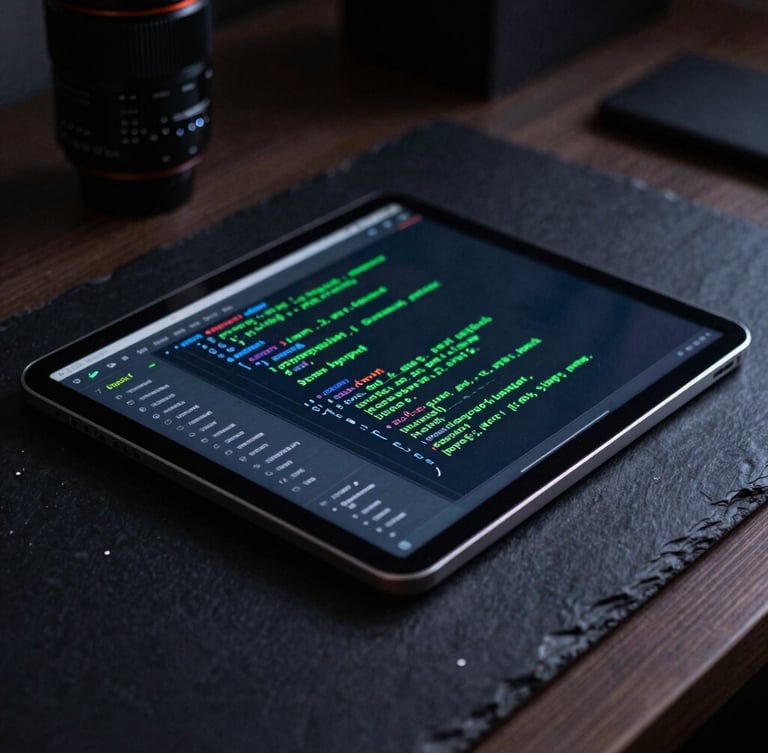 Moody tech photography of a physical Android tablet on a dark slate desk, low-key ambient screen glow highlighting a complex code IDE, neon green accents, macro lens