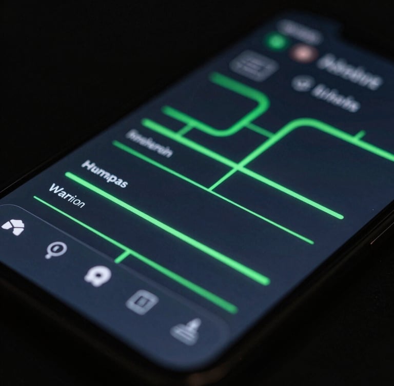 Macro shot of a high-fidelity mobile UI wireframe on a physical Android screen, glowing green lines, dark slate background, technical schematic aesthetic