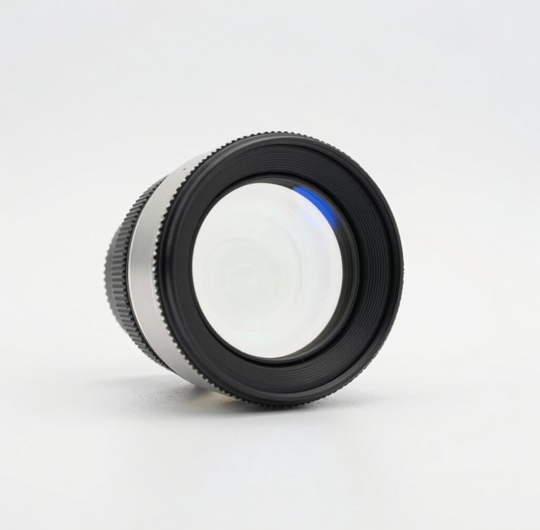 Macro shot of a high-precision optical lens catching bright studio light, clean white backdrop with subtle blue refractions, 50mm lens