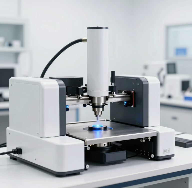 Interior of a modern, clean optical laboratory with automated lens surfacing equipment under bright daylight, sharp focus