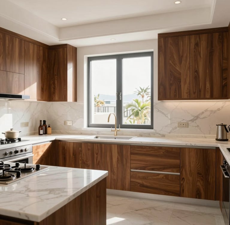 Bright interior photography of a luxurious modern Saudi kitchen with solid wood cabinets, marble countertops, natural sunlight streaming through a large window, 35mm lens