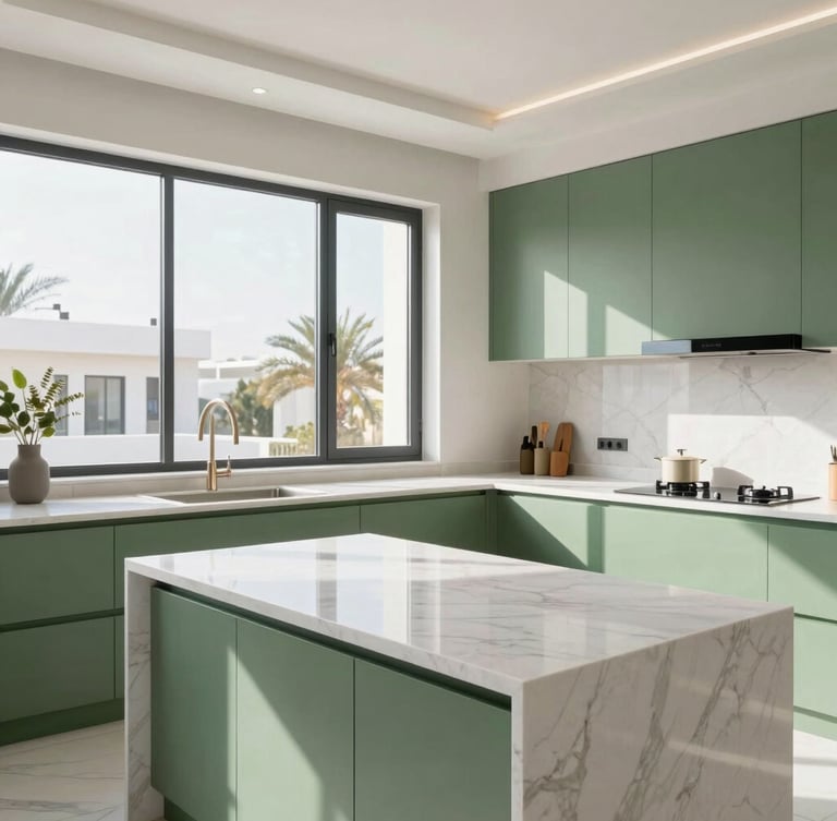 Bright modern kitchen interior in a Riyadh villa, natural sunlight streaming through large windows, premium white marble countertops, sleek green cabinets, high-end Saudi home aesthetic, 35mm lens