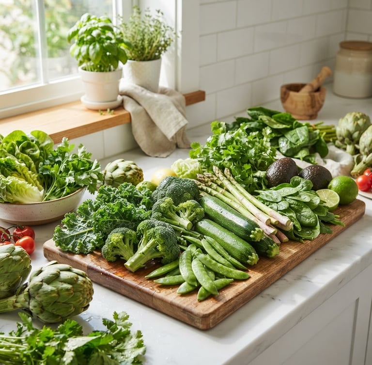 Bright clean kitchen counter with fresh organic green vegetables, warm natural daylight, vibrant fresh colors, sharp focus