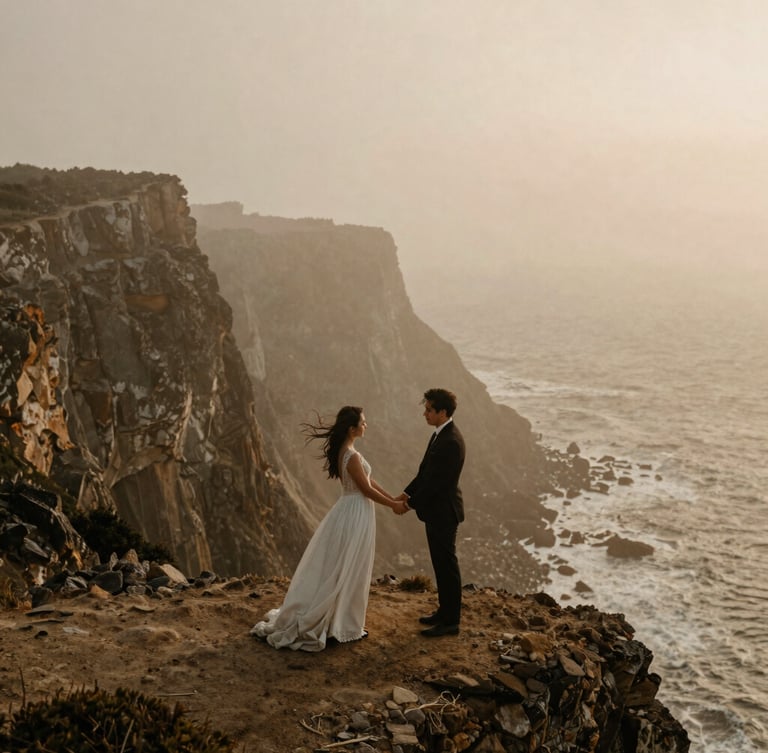 Cinematic wide shot of a couple holding hands on a rugged foggy cliffside, wind-blown hair, soft warm earth tones, 35mm film grain