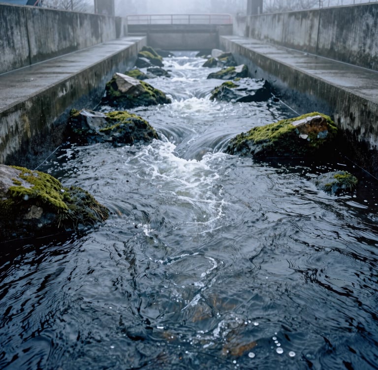 Close-up of clean, cold river water rushing through a concrete discharge channel, mossy rocks, misty overcast daylight, 35mm photography