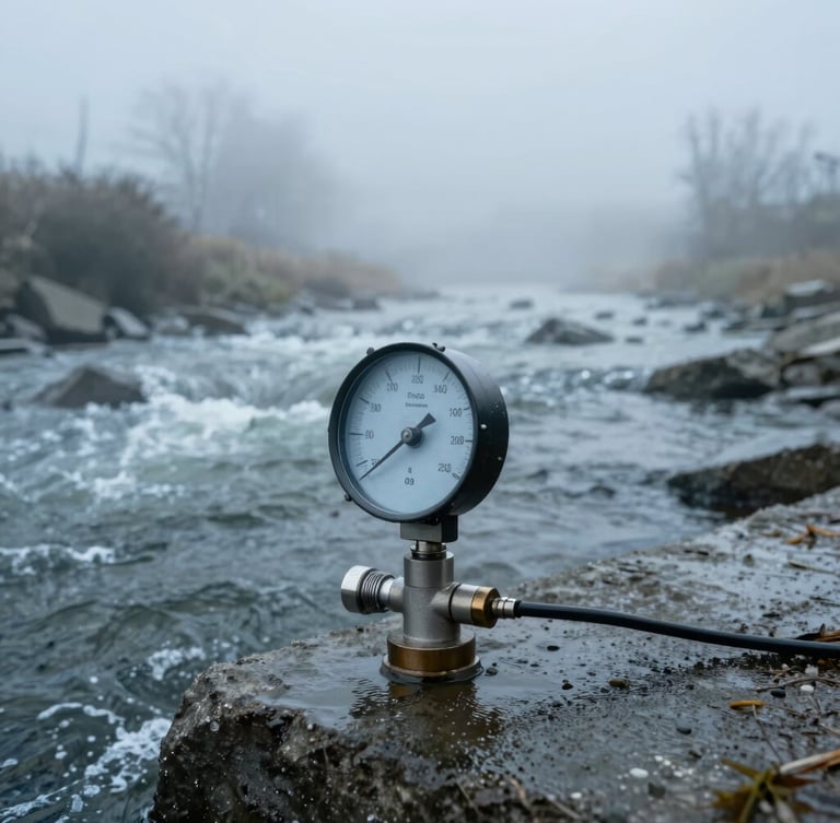 Extreme close-up of a high-precision water flow monitoring sensor mounted on wet concrete inside a rushing riverbed channel, misty overcast daylight, cold tones.
