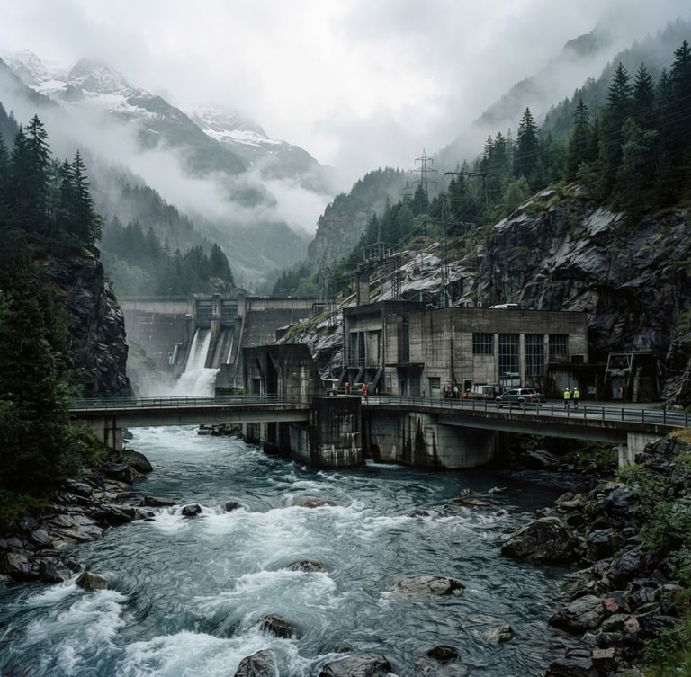 Wide-angle industrial photography of a massive concrete run-of-river hydroelectric plant integrated into a misty, overcast alpine mountain valley, cold rushing river water in the foreground, 35mm lens.