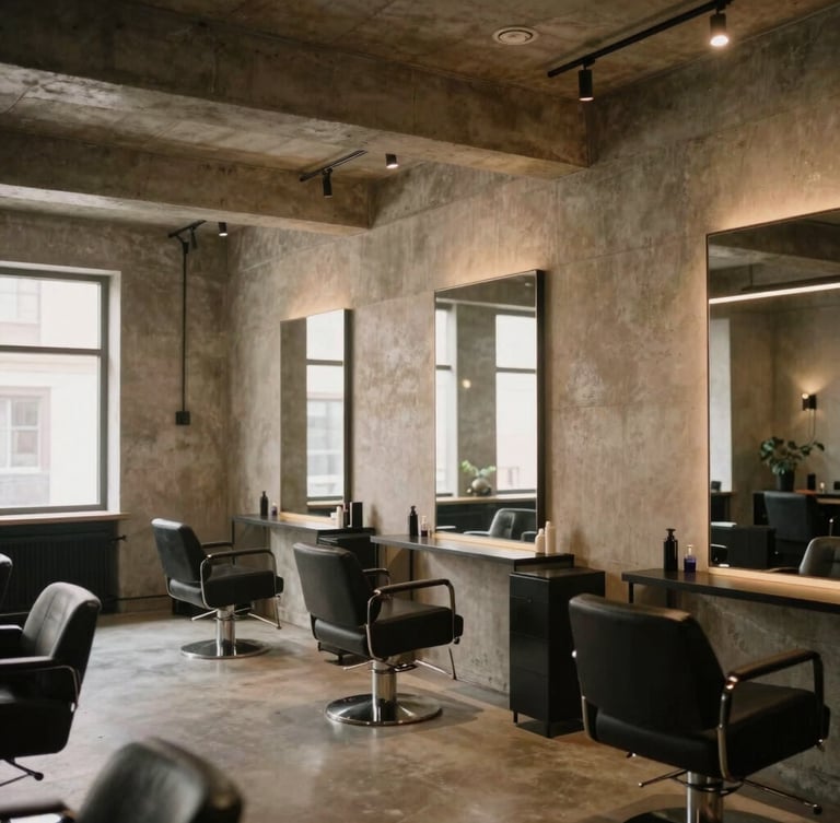 Architectural wide shot of a minimalist industrial-chic salon interior, warm concrete textures, matte black accents, soft amber lighting, 35mm photography
